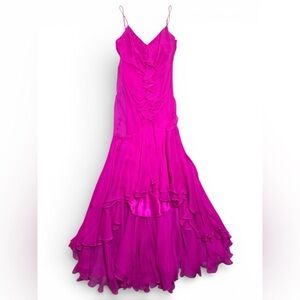 BCBGMAXAZRIA 100% Silk Fuchsia High-Low Ruffle Formal Dress Sz 2